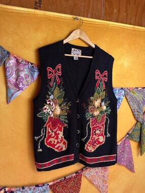 Vintage Holiday Vest with Festive Red Stocking Embroidery